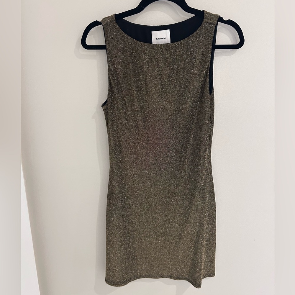 Reformation Nataly dress in gold.